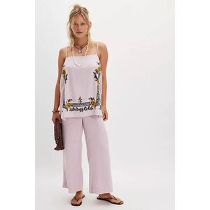 Free People Embroidered Linen Blend Top Wide Leg Pants Set Ivory M Resort